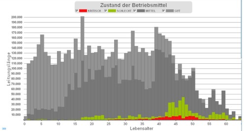 Balkendiagramm mit Darstellung der Menge von Betriebsmitteln bestimmter Zustandsgruppen je Alter